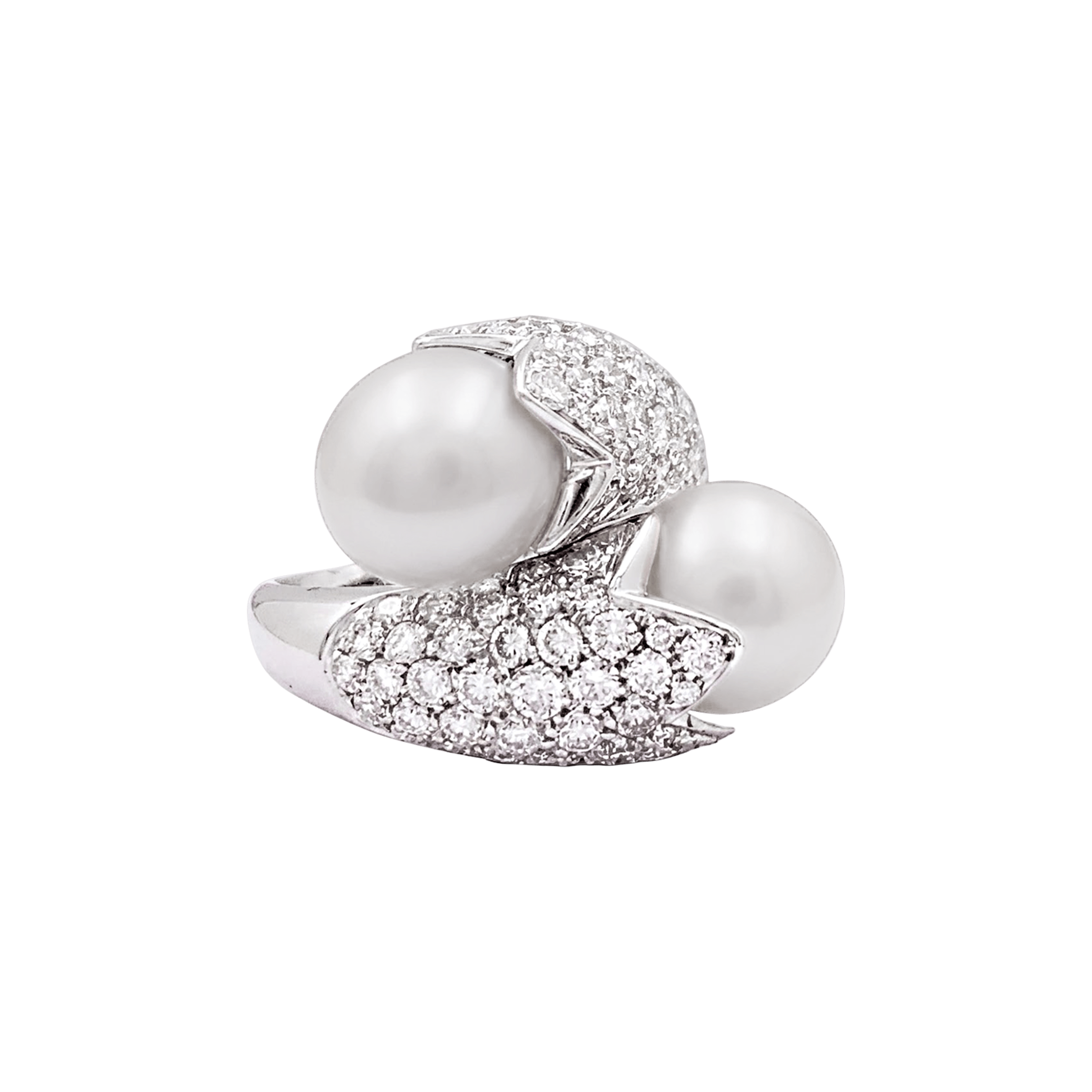 Bague « Toi & Moi », or blanc, perles, diamants. 6