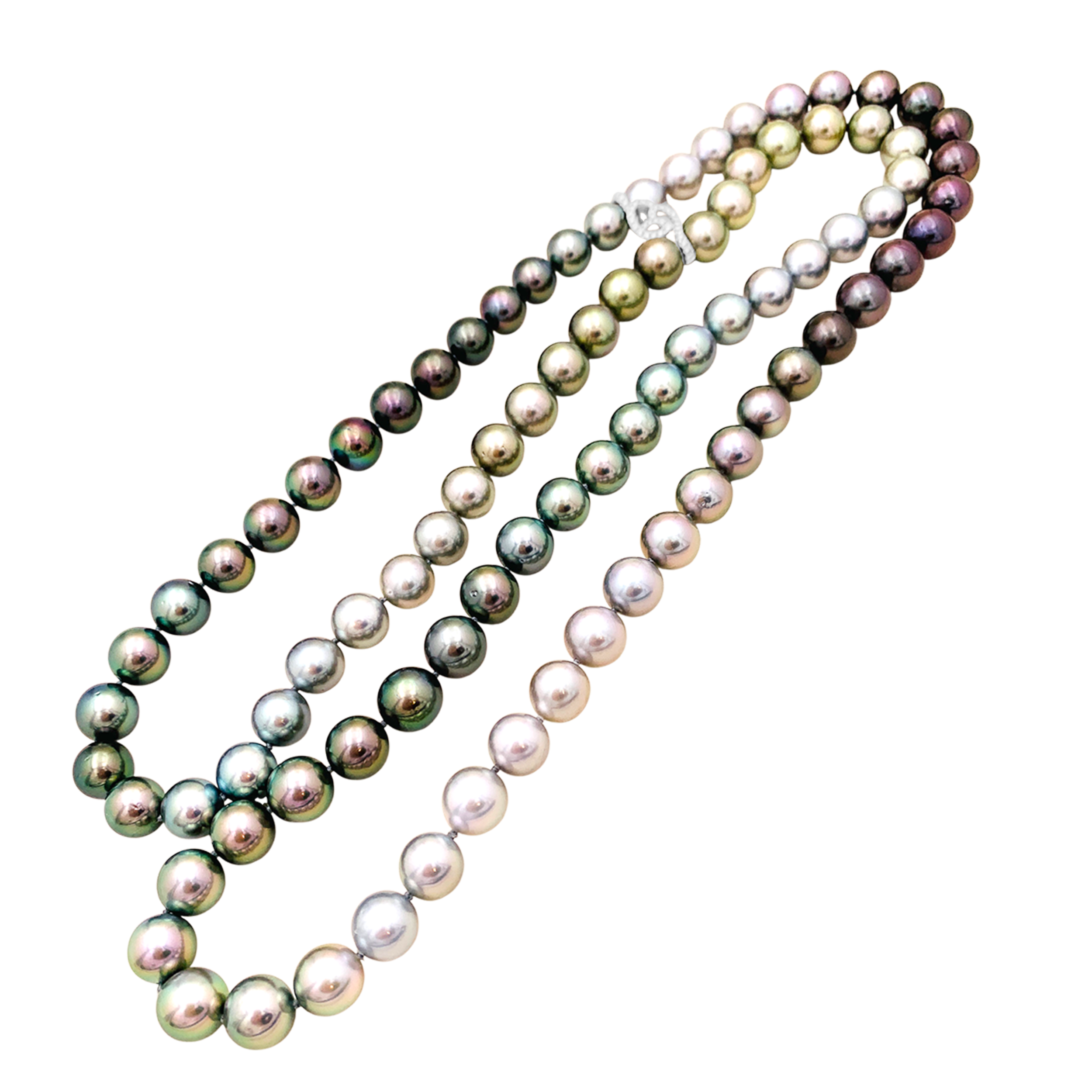 Sautoir perles de Tahiti, or blanc et diamants. 3