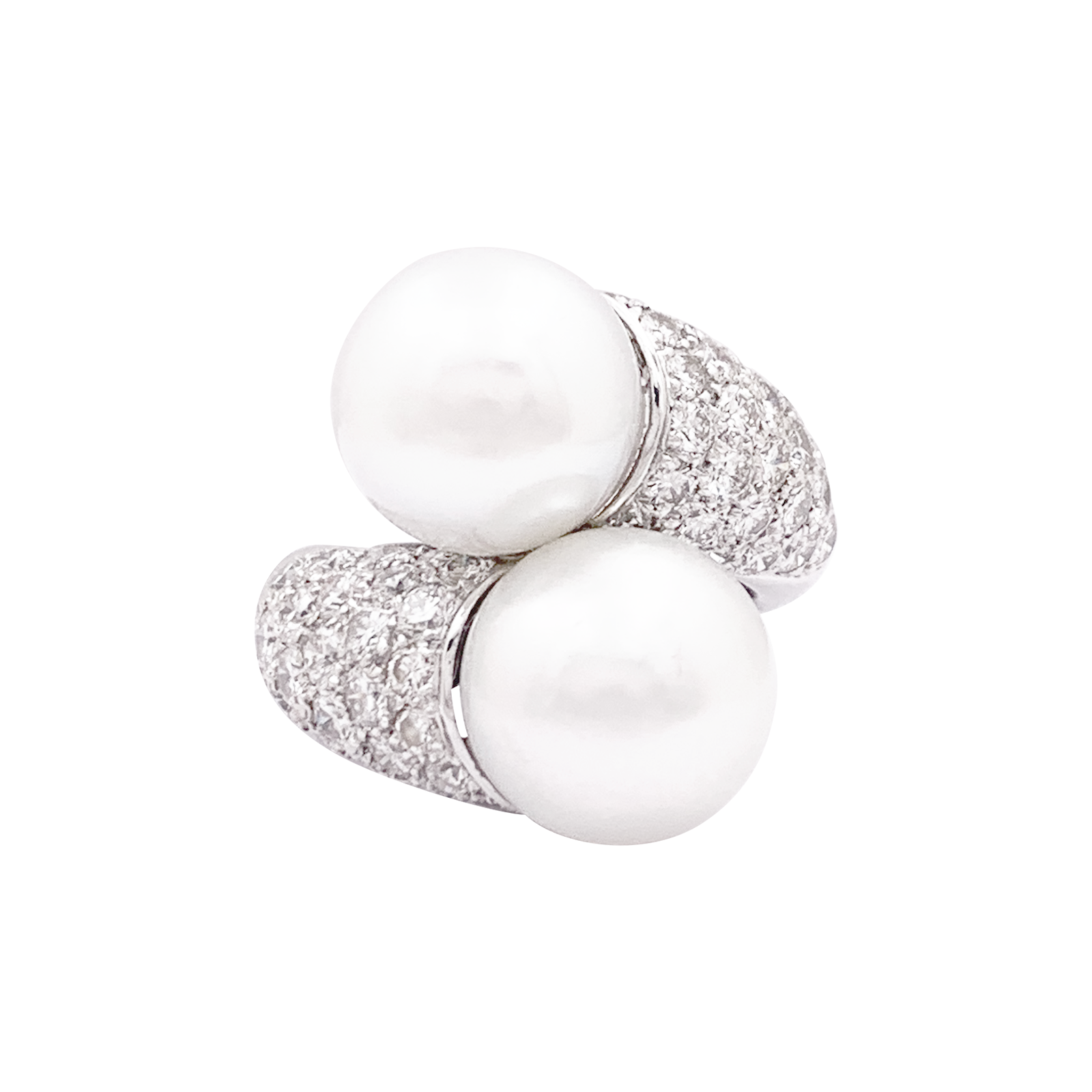 Bague "Toi & Moi" or blanc, diamants, perles. 1