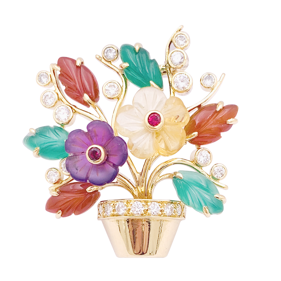 Clip "Fleurs" or jaune, diamants, rubis, pierres de couleur. 2