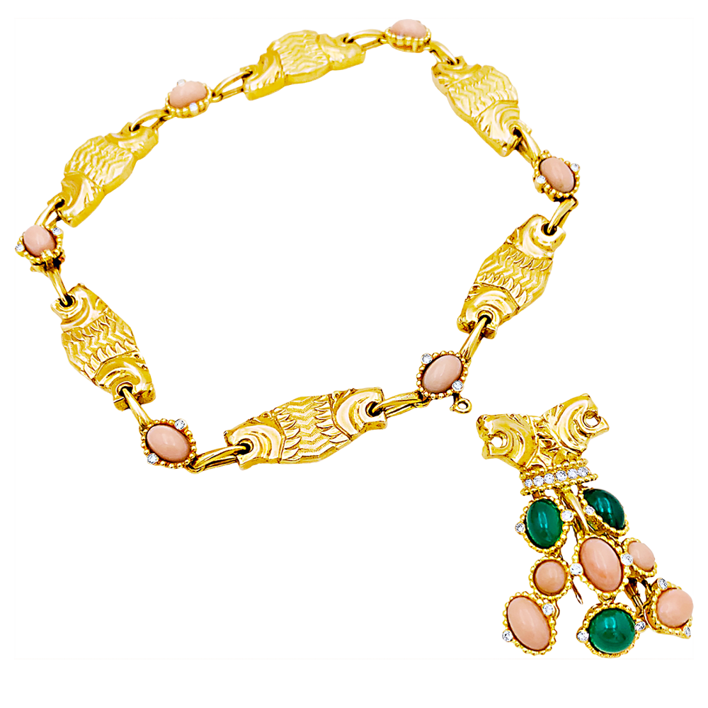 Demi-parure "Lions" transformable, or jaune, diamants, corail, chrysoprase. 3