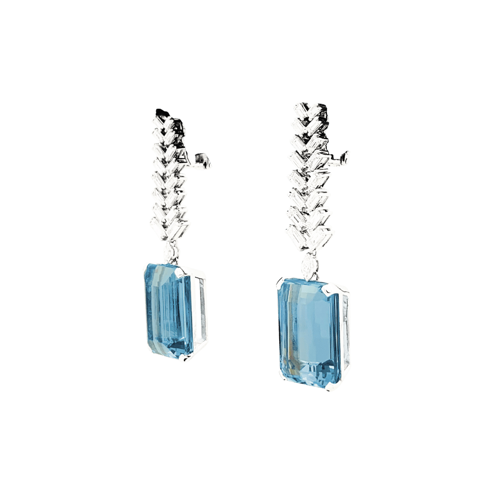 Pendants d'oreilles platine, or blanc, aigue-marine et diamants. 3