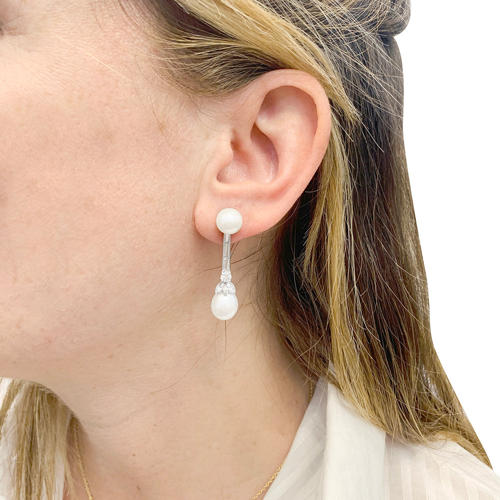 Boucles d'oreilles perles, diamants, platine, or blanc. 5