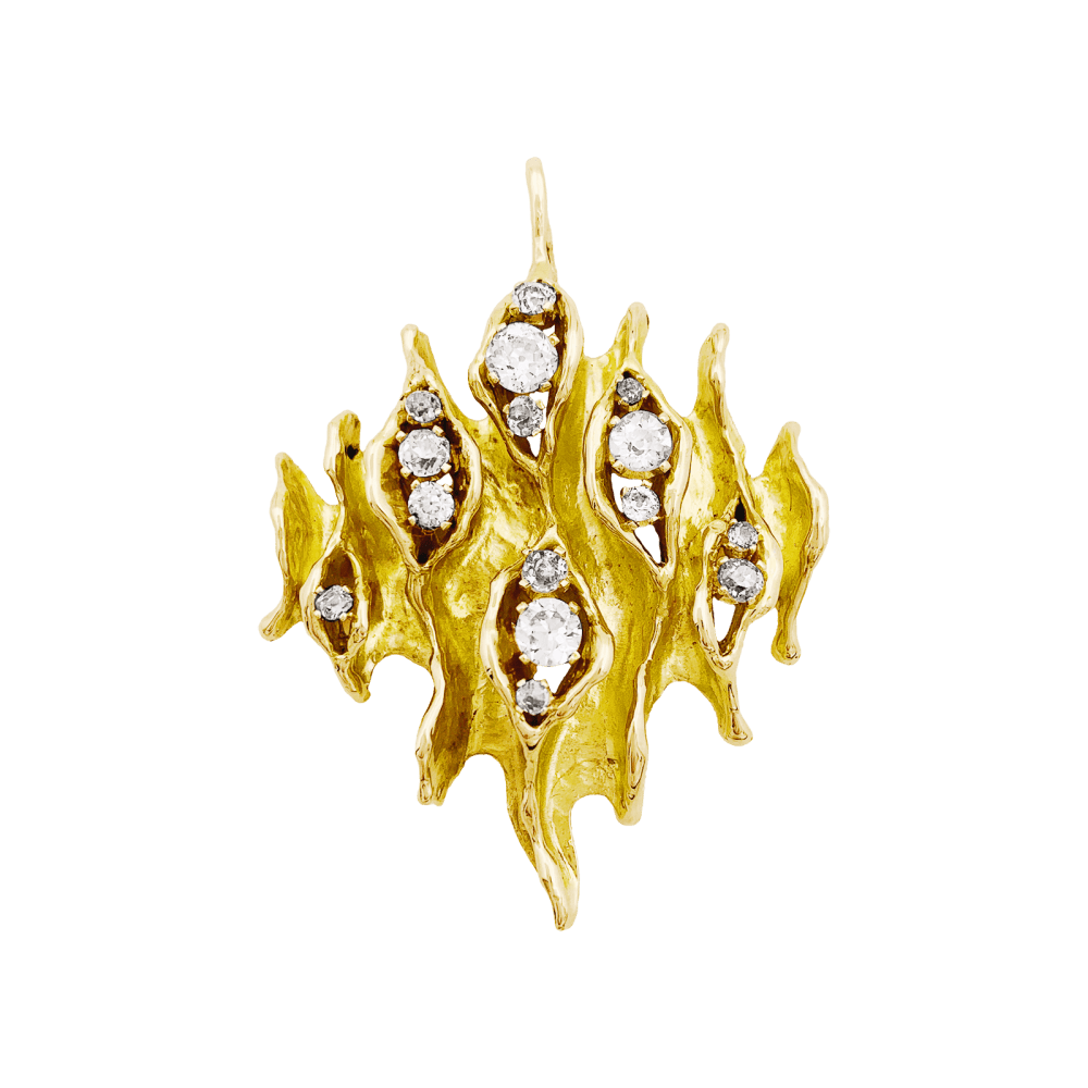 Pendentif losangique, or jaune texturé et diamants. 2