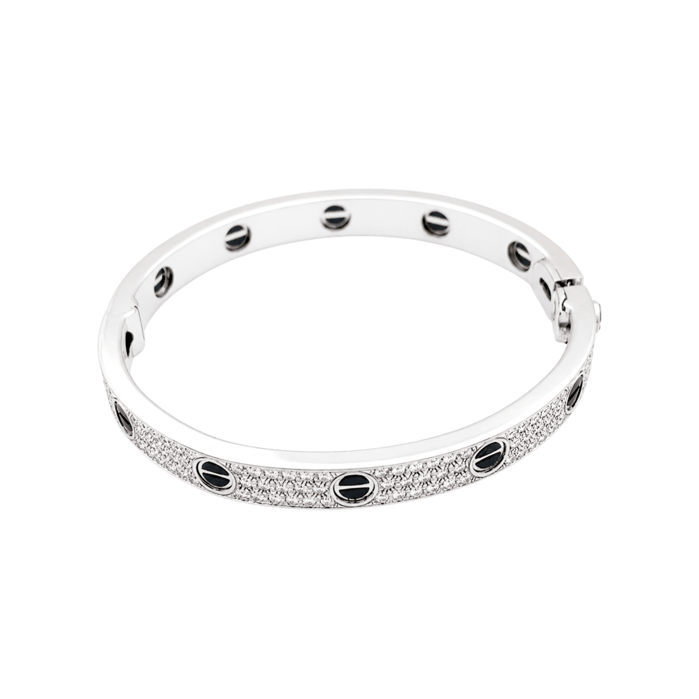 Bracelet Cartier, "Love", or blanc, diamants et céramique. 4