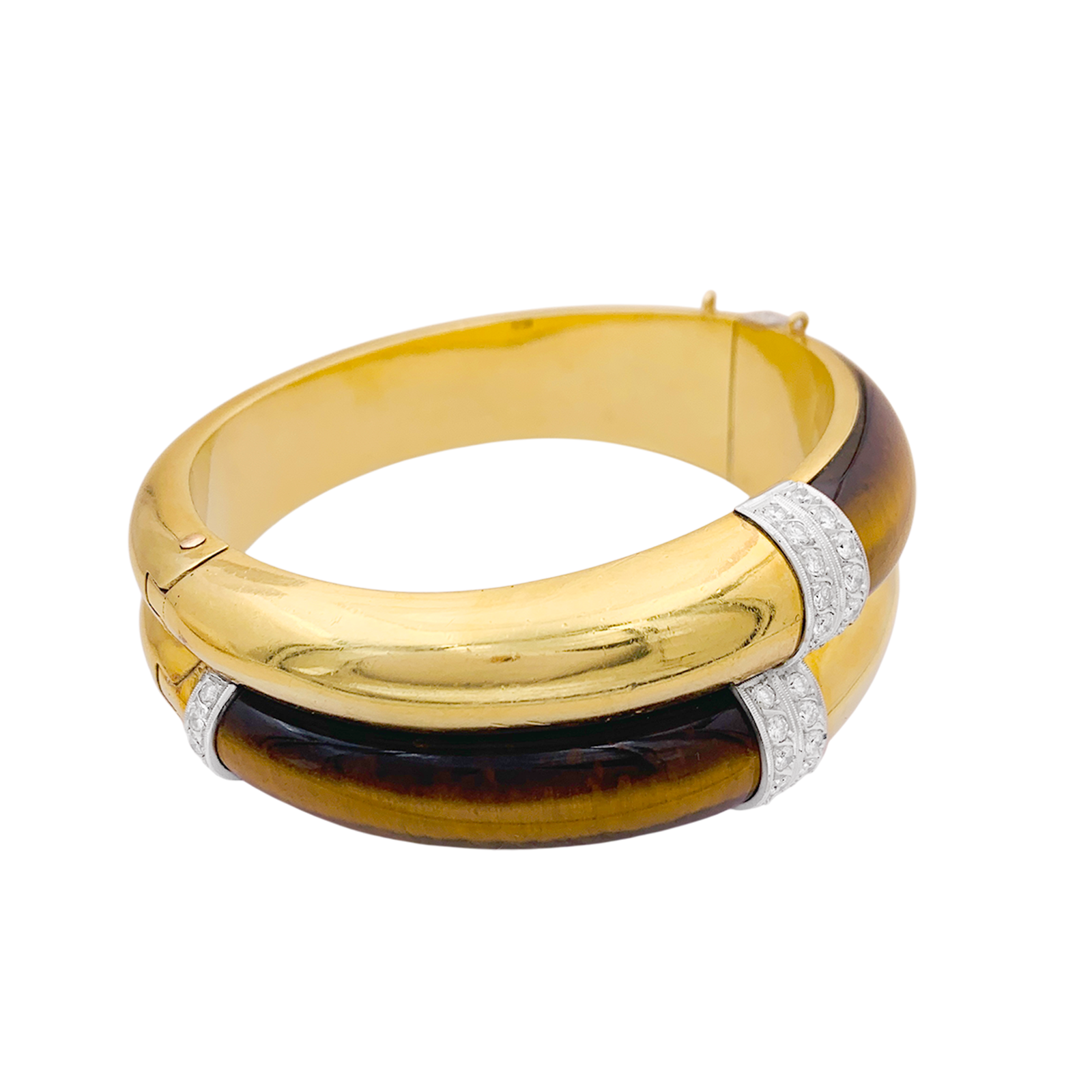 Bracelet ouvrant, or jaune, oeil de tigre et diamants. 2