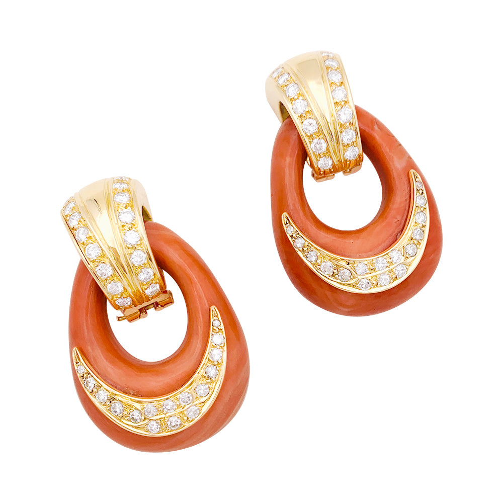 Boucles d'oreille vintage or jaune, diamants, corail. 2