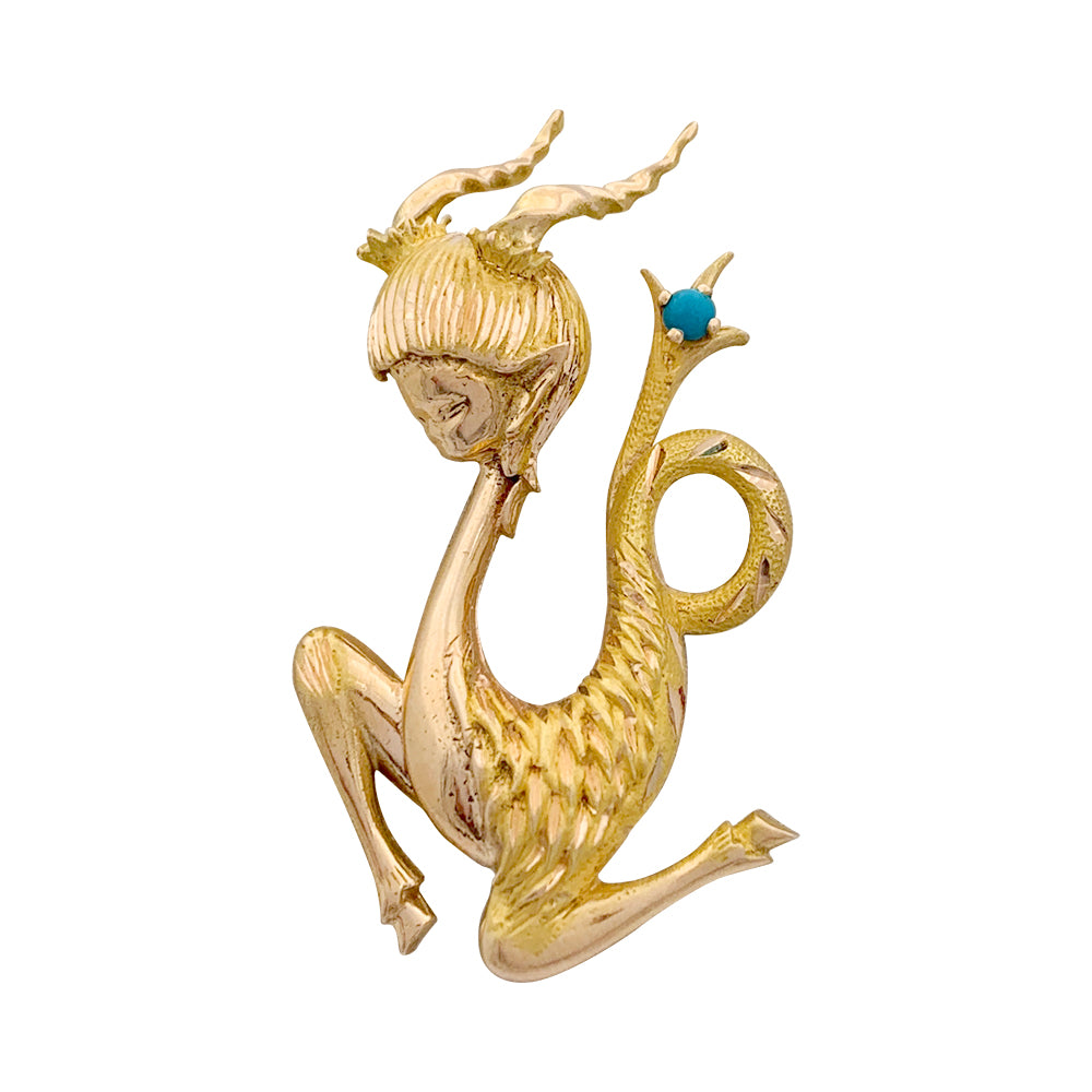 Broche vintage "Capricorne", or jaune, turquoise. 4