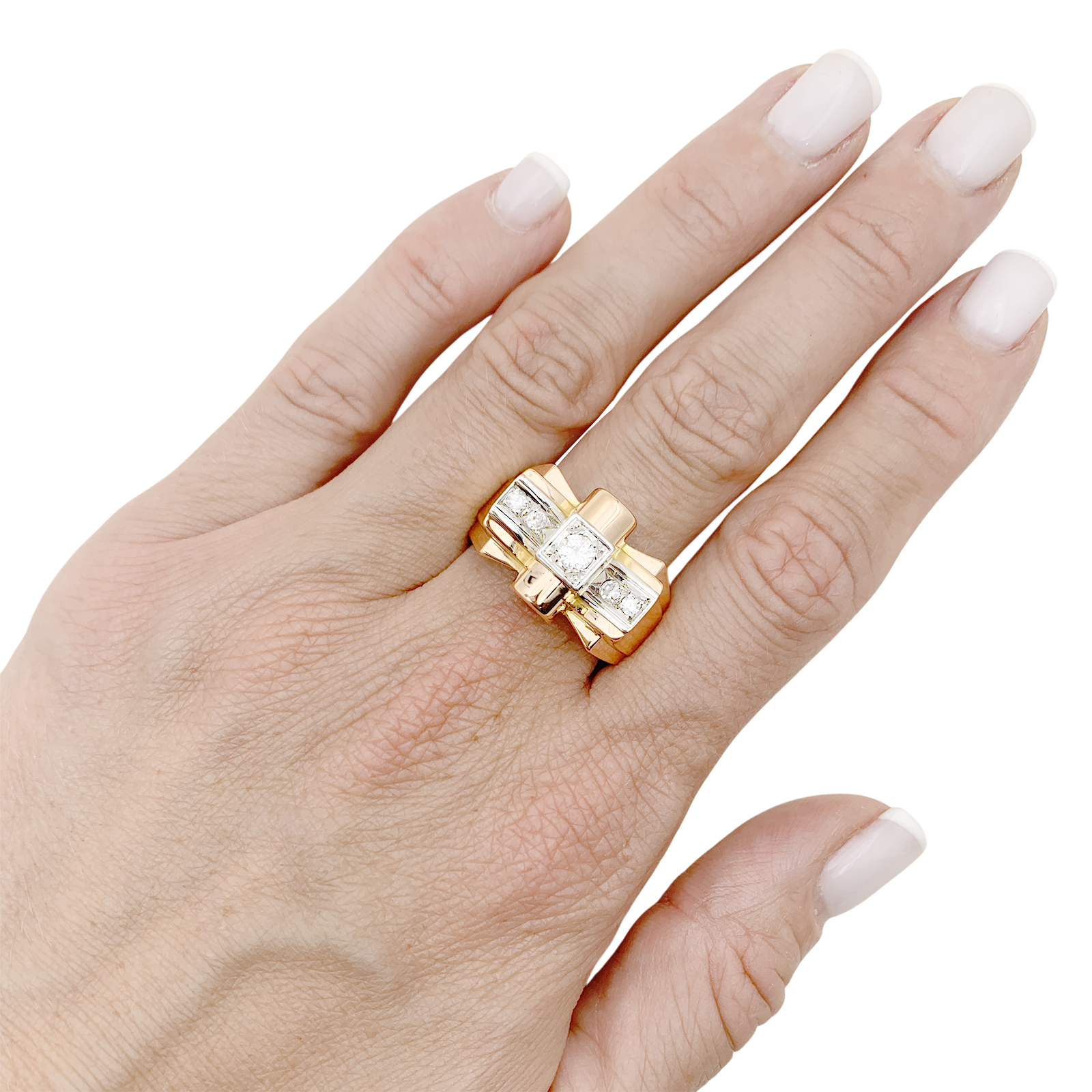 Bague « Tank » or rose, or blanc, diamants taille 8/8. 5