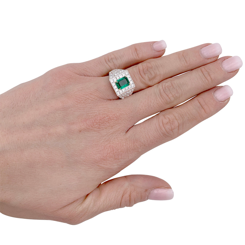 Bague, or blanc, platine, émeraude, diamants. 1