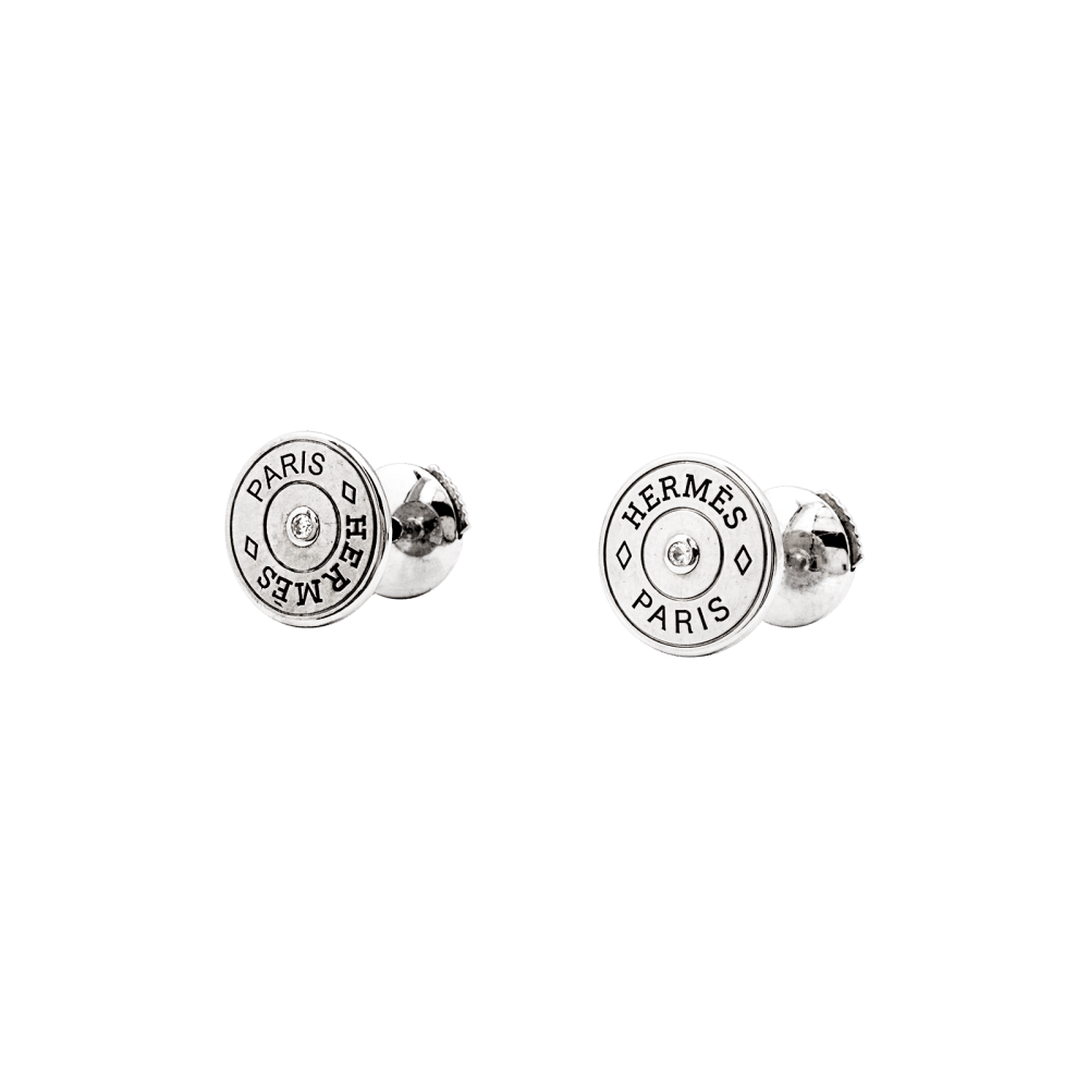 Puces d'oreilles Hermès, "Clou de Selle", or blanc et diamants. 2