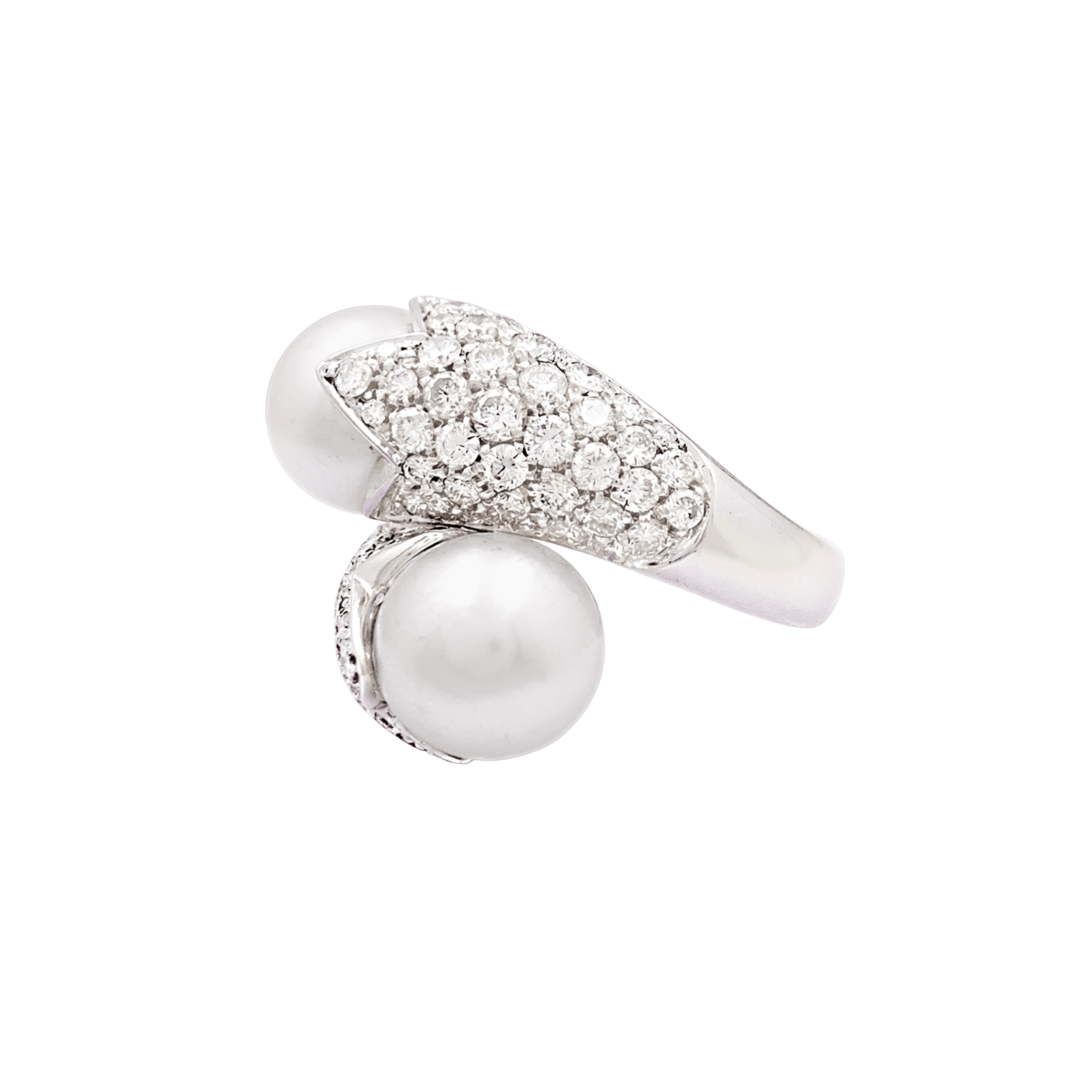 Bague « Toi & Moi », or blanc, perles, diamants. 2