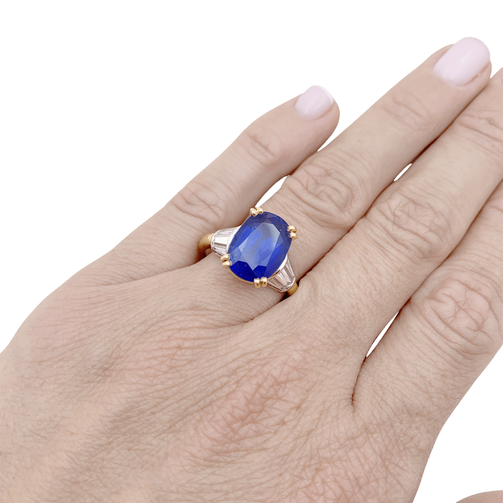 Bague saphir 5,86 cts, or jaune, platine, diamants. 7