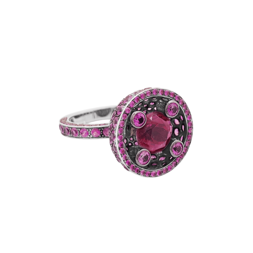 Bague Boucheron, "Liz" or noirci, tourmalines et saphirs roses. 2