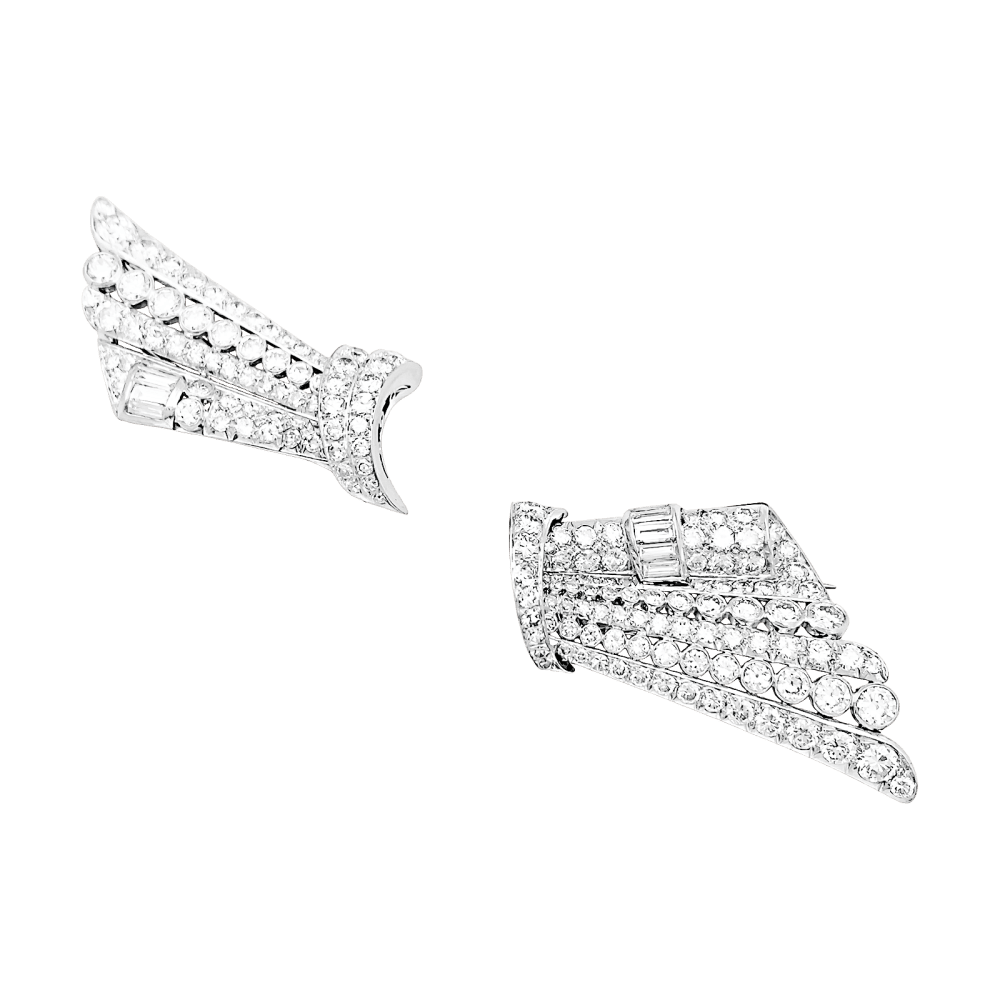 Broche double-clip, "Noeud", or blanc, platine et diamants. 5