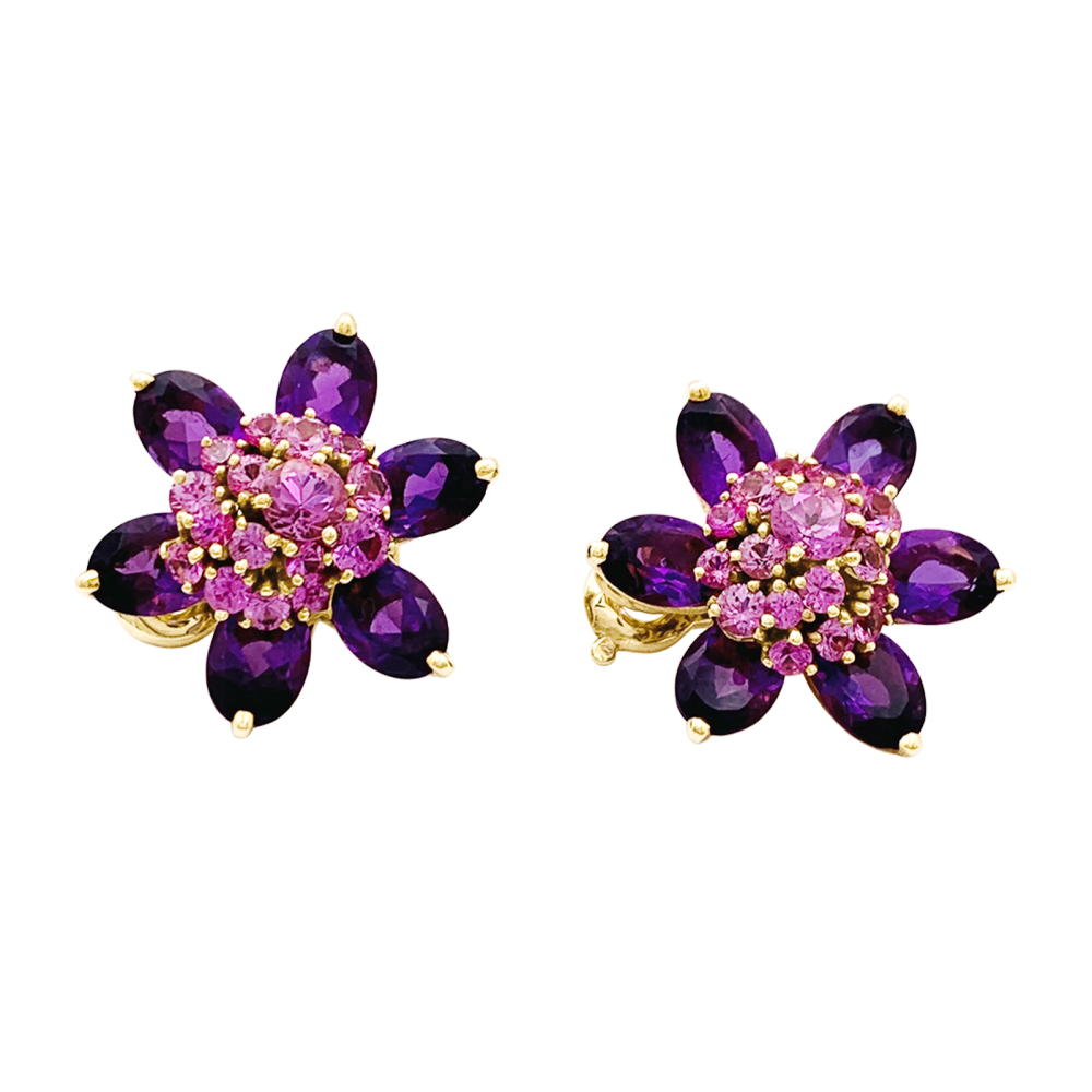 Boucles d'oreilles Van Cleef & Arpels, "Fleurs d'Hawaï", or jaune, améthyste, saphirs roses. 3
