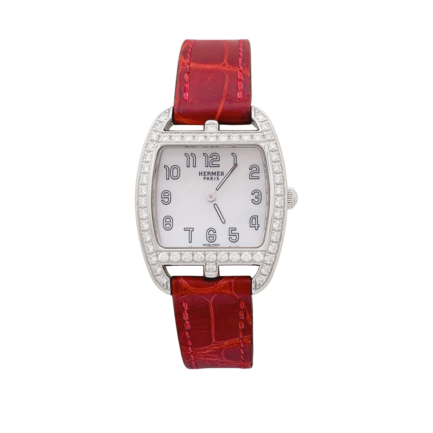 Montre Hermès modèle "Cape Cod Tonneau" en acier et diamants sur cuir. 1