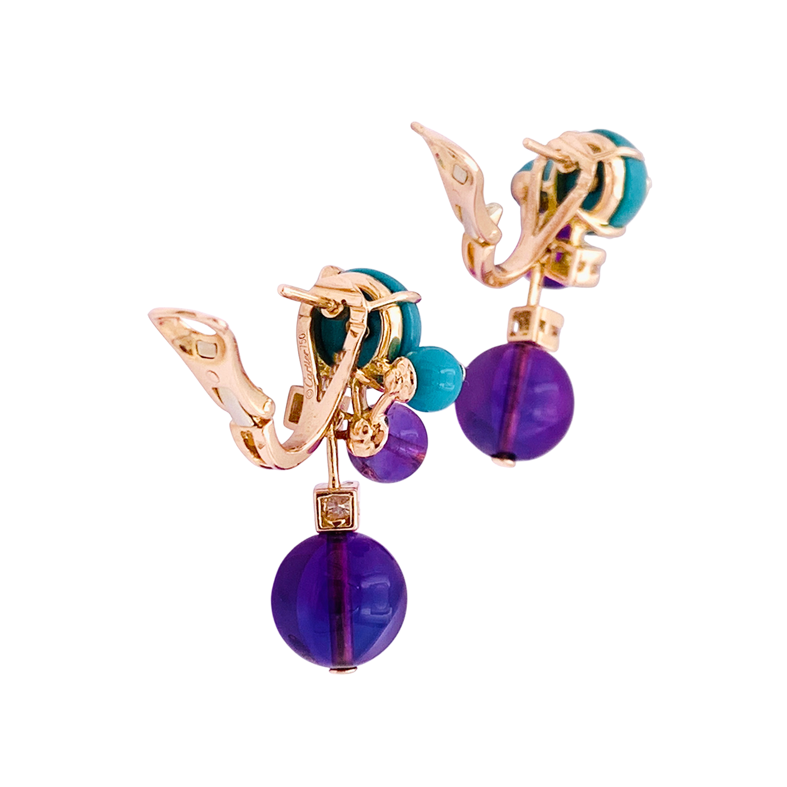 Boucles d'oreilles Cartier "Délices de Goa" en or rose, améthystes, diamants et turquoises. 4