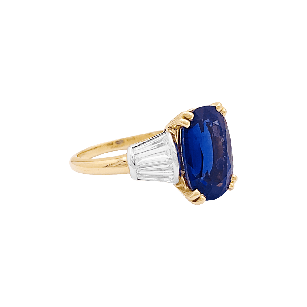 Bague saphir 5,86 cts, or jaune, platine, diamants. 5