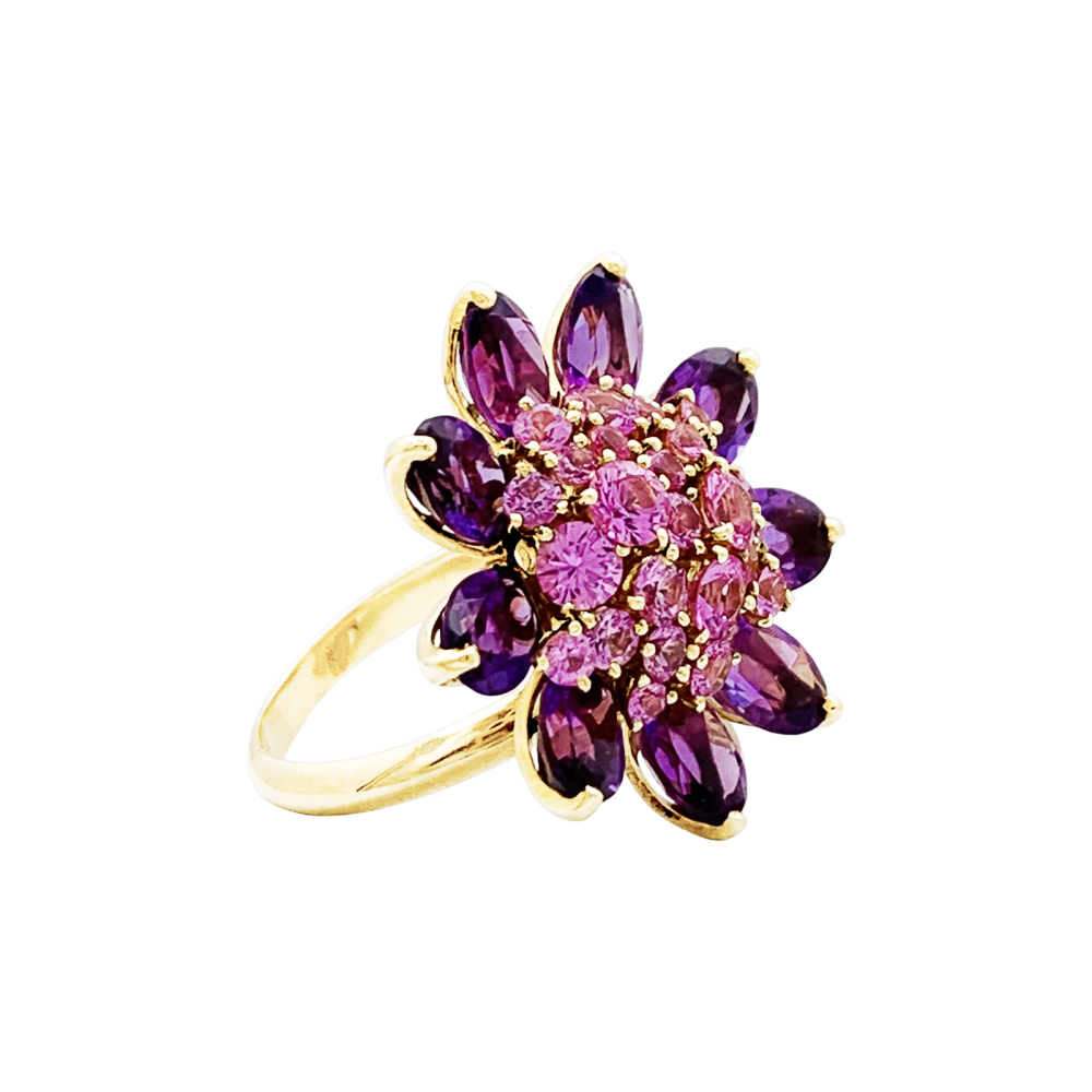 Bague Van Cleef & Arpels, "Fleurs d'Hawaï", or jaune, améthyste, saphirs roses. 3
