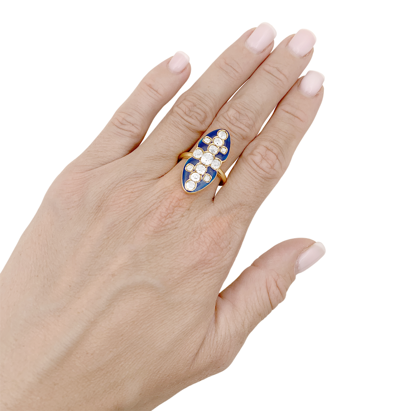 Bague "marquise" or jaune, diamants, émail. 5