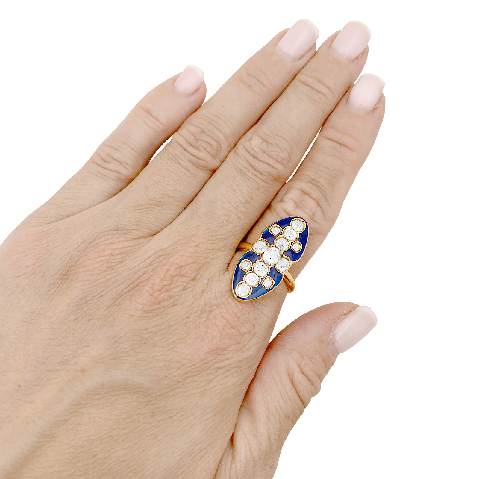 Bague "marquise" or jaune, diamants, émail. 6