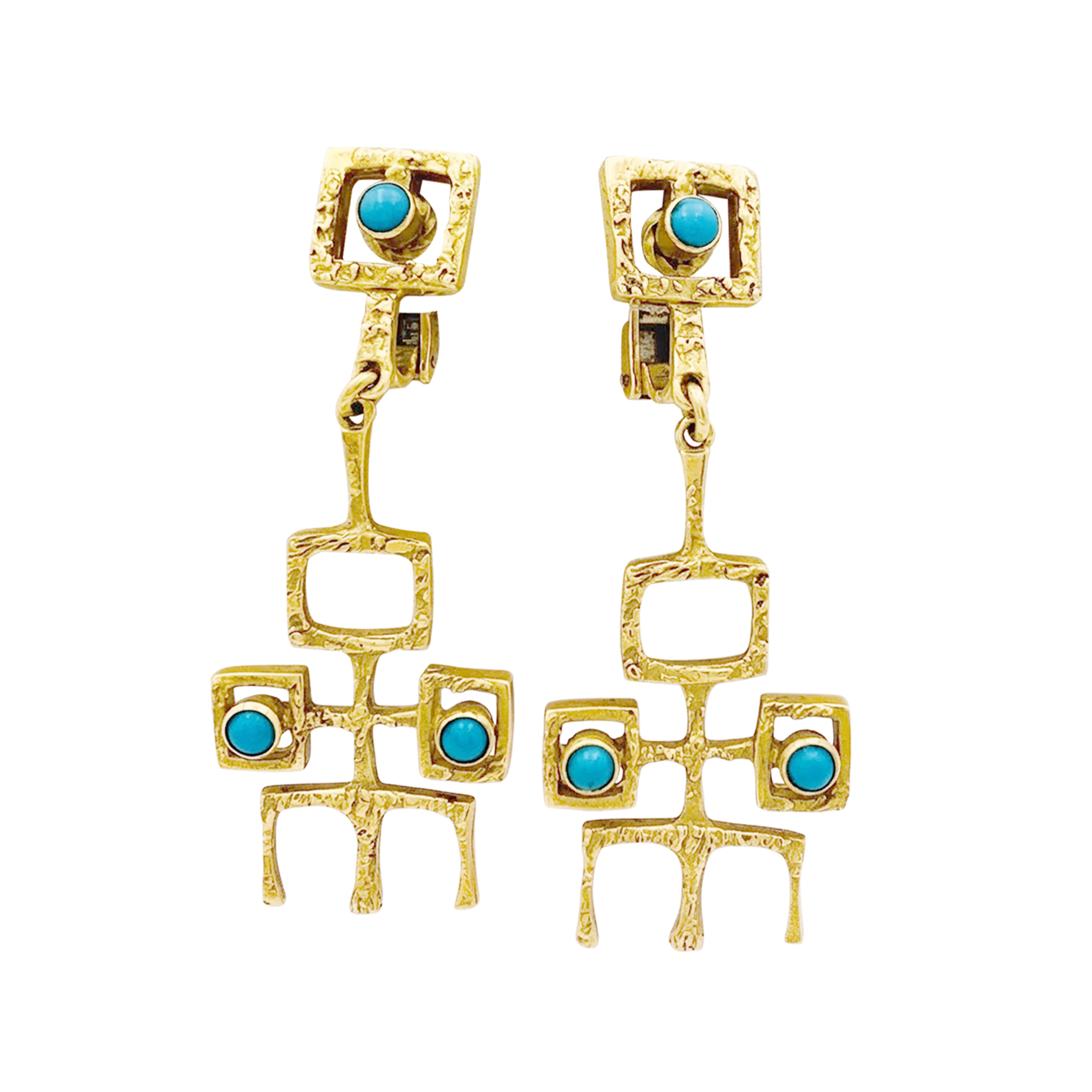 Boucles d'oreilles Vintage or jaune et turquoises cabochon. 1