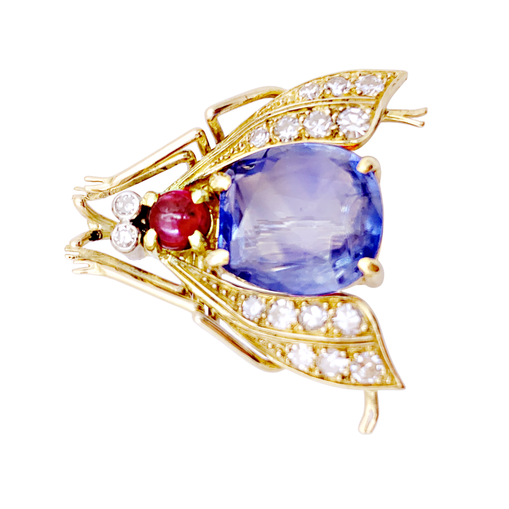 Broche Van Cleef & Arpels, « Abeille », platine, or jaune, saphir, rubis et diamants. 1