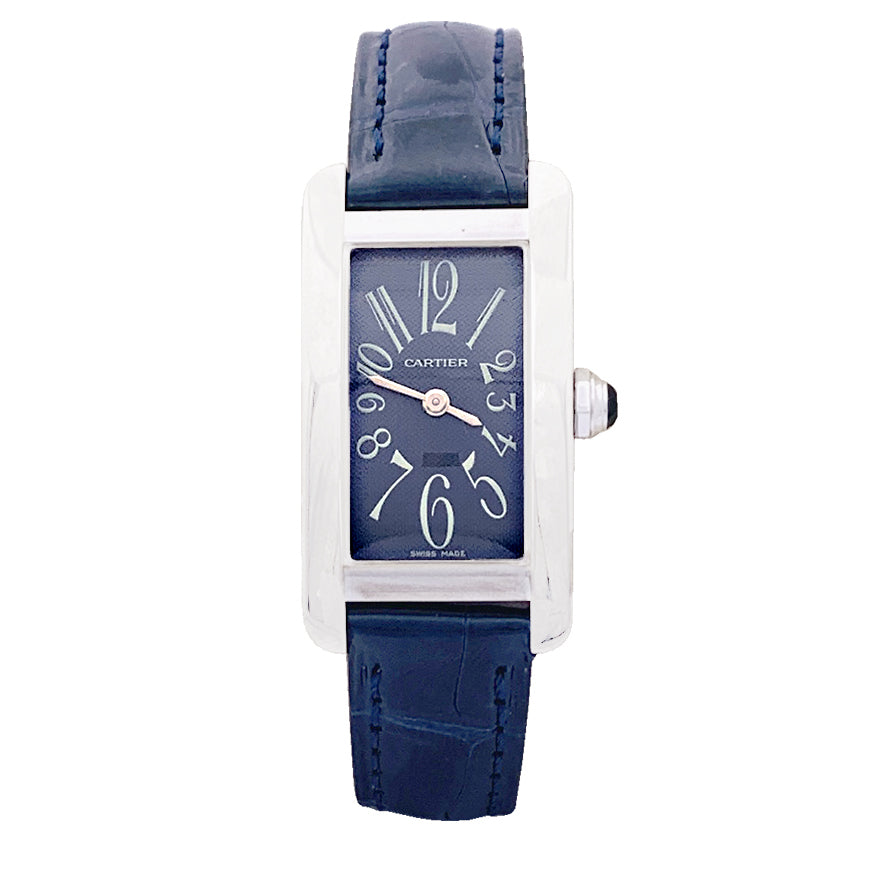 Montre Cartier "Tank américaine", or blanc, bracelet cuir. 1