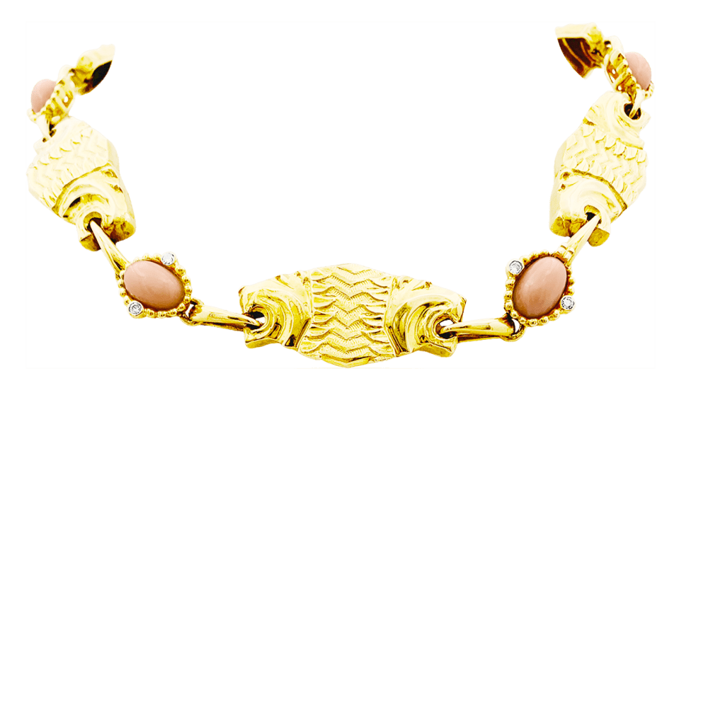 Demi-parure "Lions" transformable, or jaune, diamants, corail, chrysoprase. 5