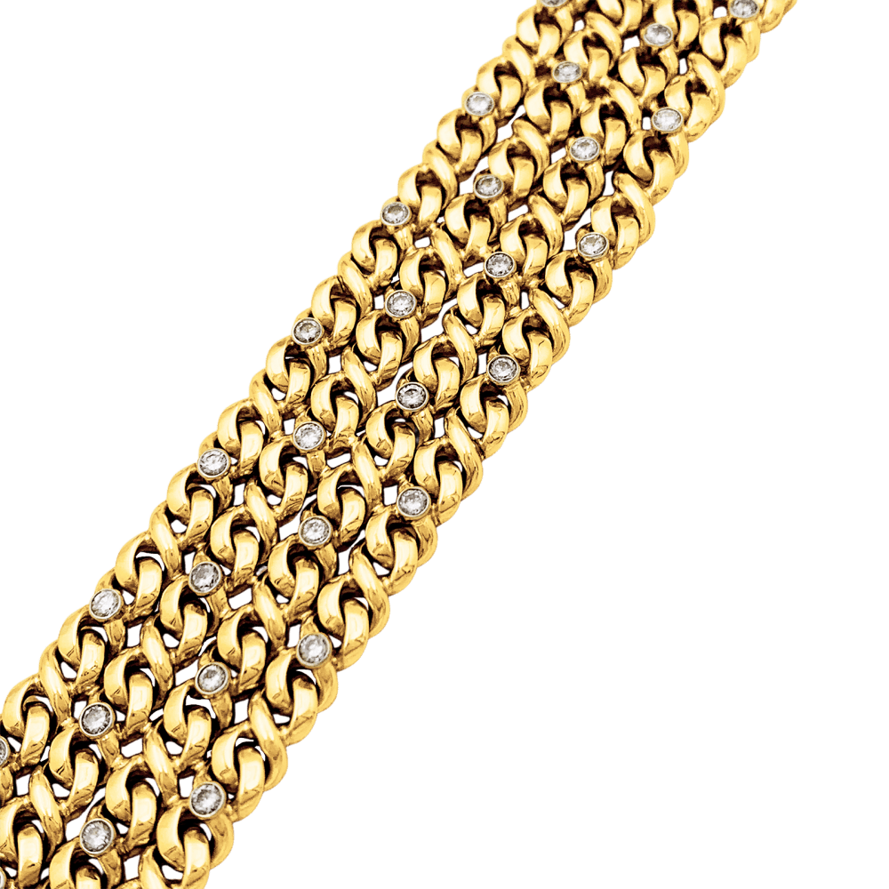 Bracelet ruban 4 rangs, or jaune, platine et diamants. 4