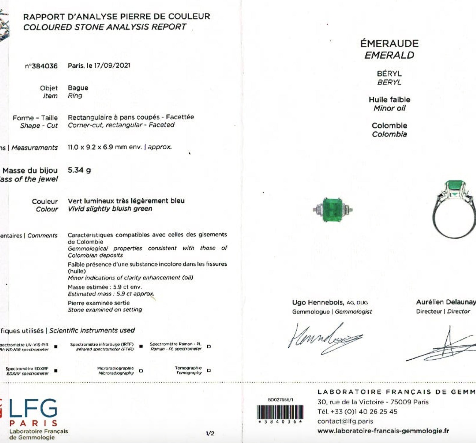 Bague or blanc, émeraude 5.90 cts, diamants. 8