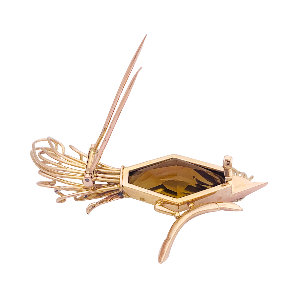 Broche vintage, "Oiseau de Paradis", or rose, citrine, émeraude. 4