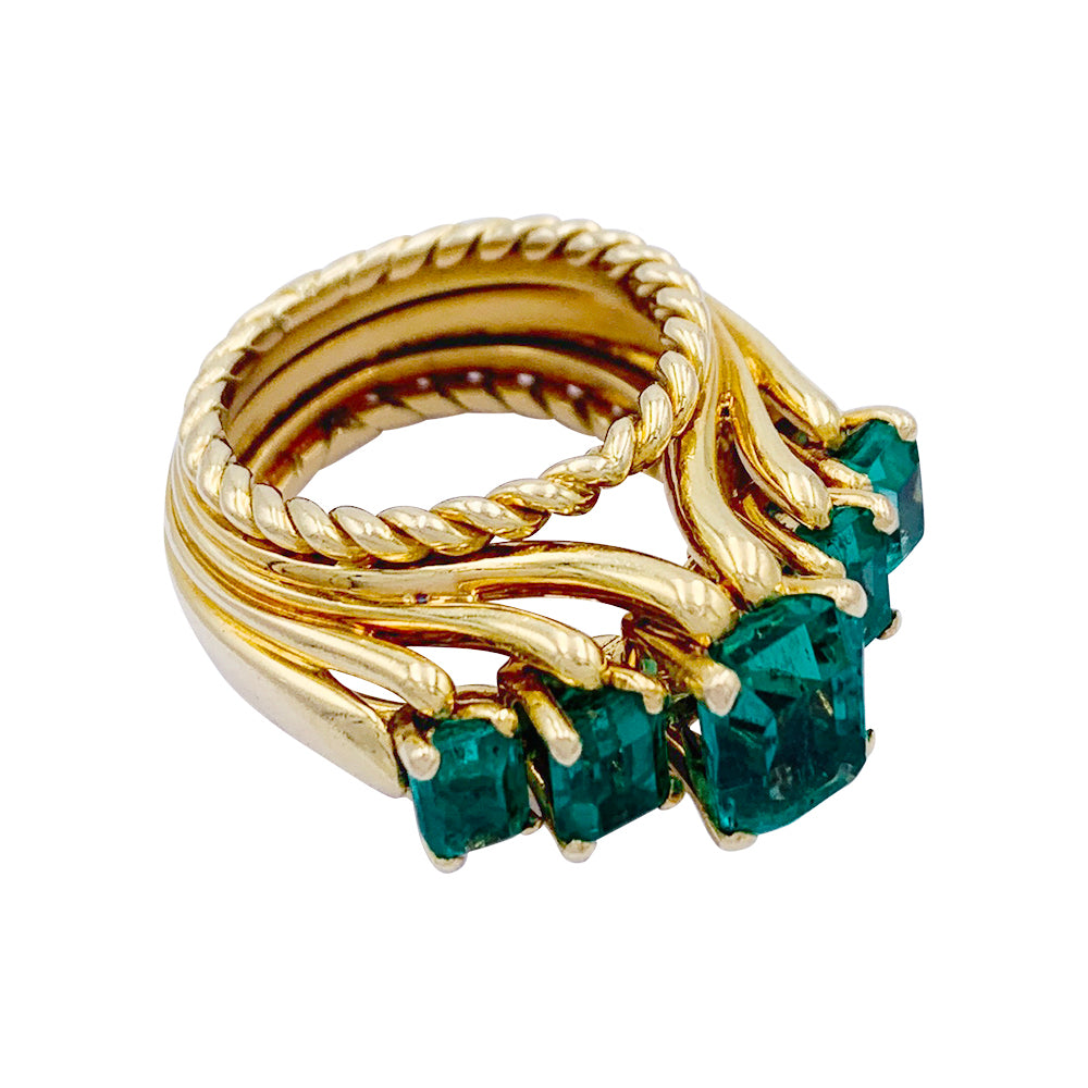Bague vintage or jaune, émeraudes. 3