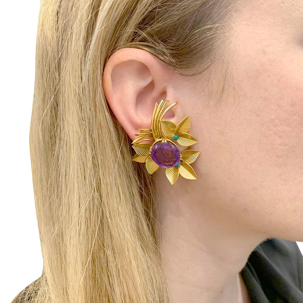 Boucles d'oreilles vintages, or jaune, améthystes, turquoises. 8