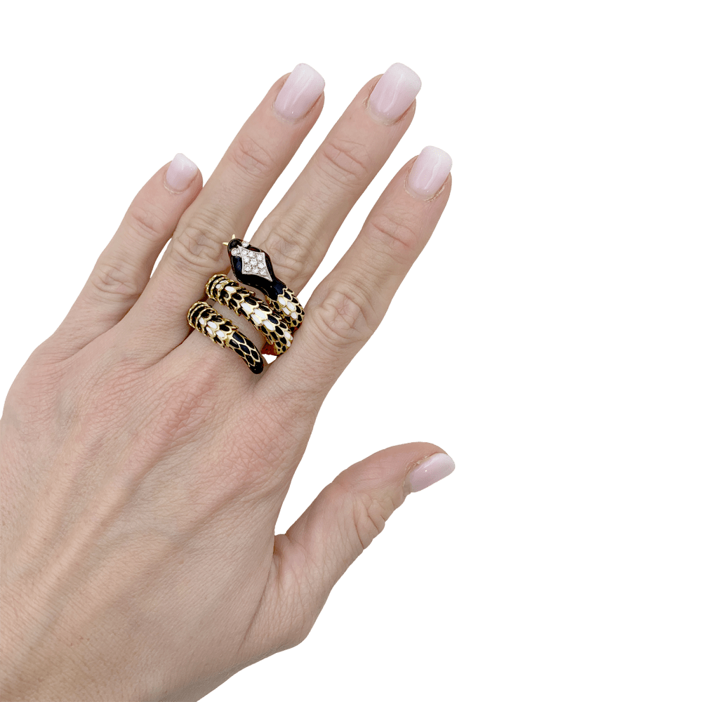 Bague vintage, «Serpent», or jaune, émail, diamants. 6