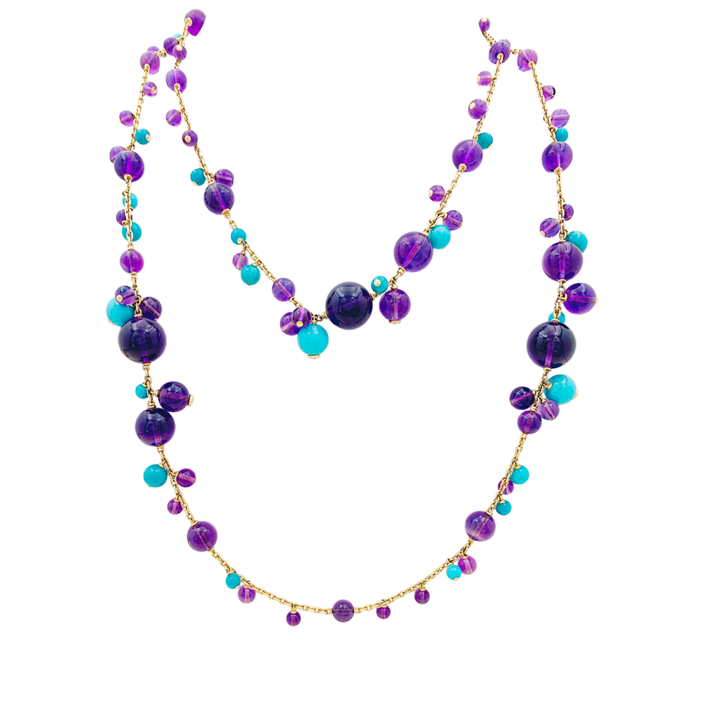 Sautoir Cartier, "Délices de Goa", or rose, améthystes, turquoises et diamants. 1