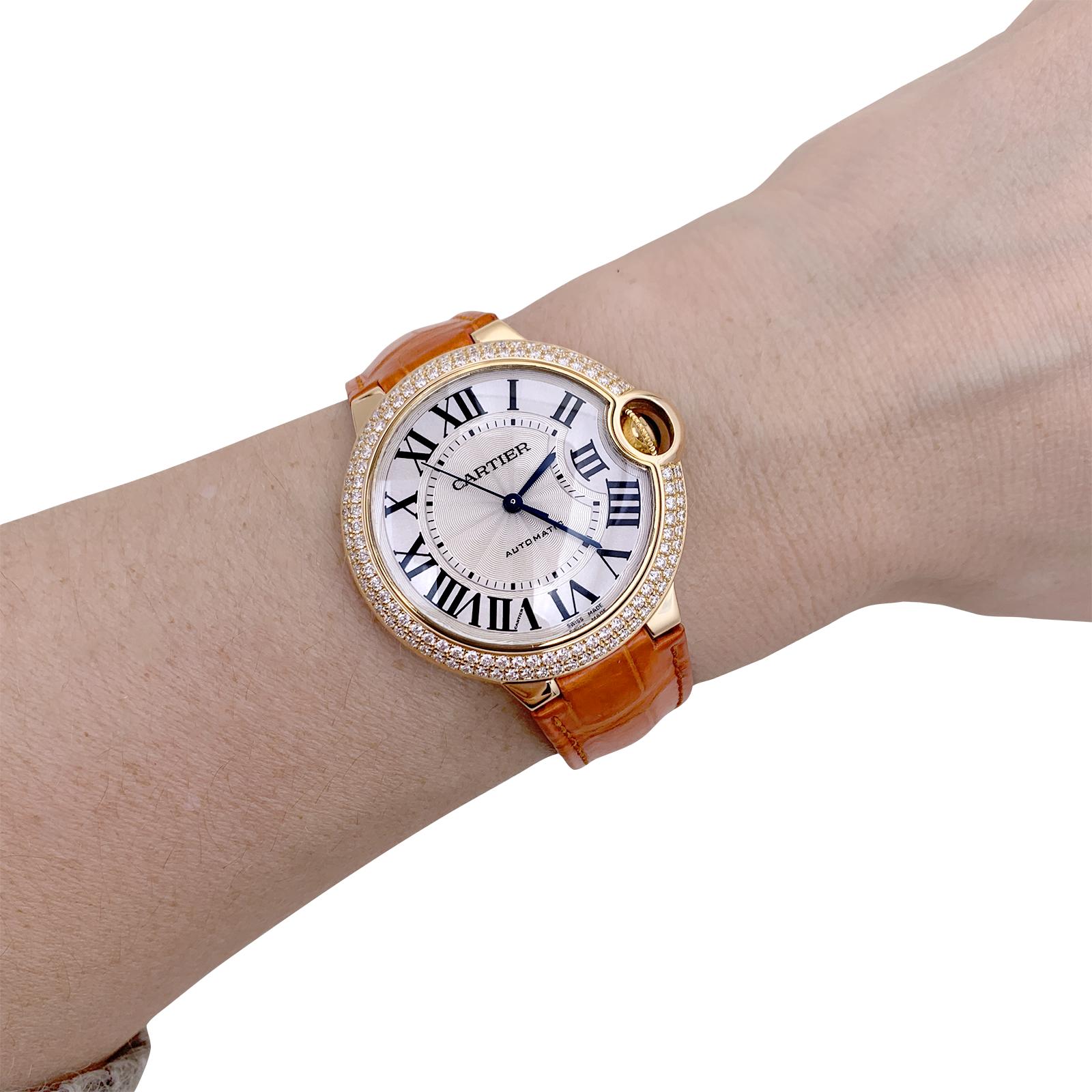 Montre Cartier "Ballon Bleu" or jaune, diamants, cuir. 7