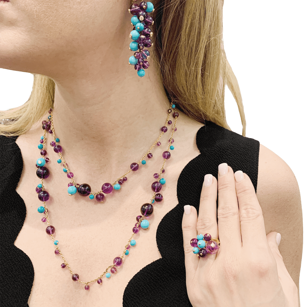 Boucles d'oreilles Cartier, "Délices de Goa", or rose, améthystes, turquoises et diamants. 6