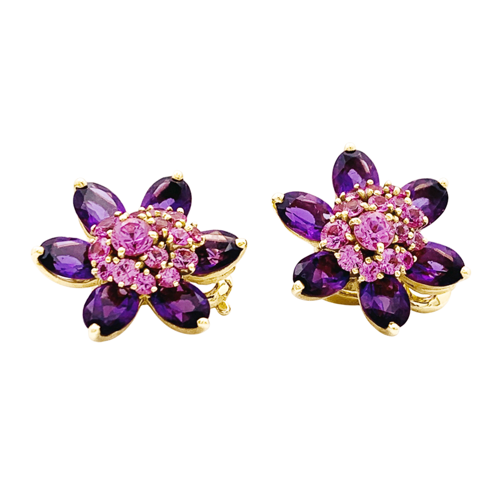 Boucles d'oreilles Van Cleef & Arpels, "Fleurs d'Hawaï", or jaune, améthyste, saphirs roses.  4