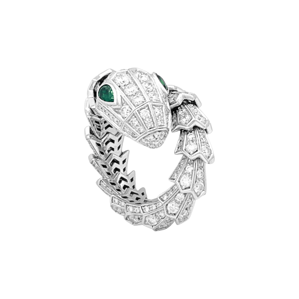 Bague BULGARI "Serpenti", en or blanc, diamants et émeraudes. 1