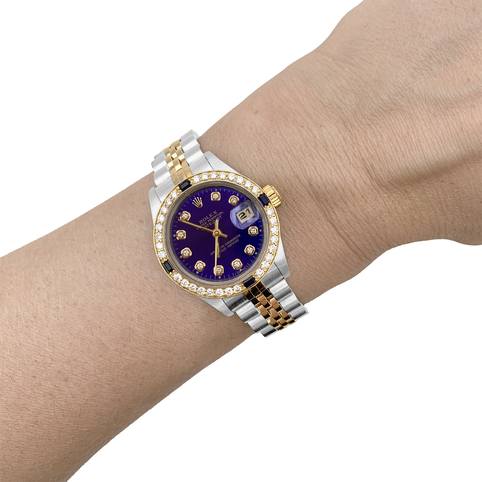 Montre Rolex, "Oyster Perpetual Datejust", or jaune, acier, diamants. 5