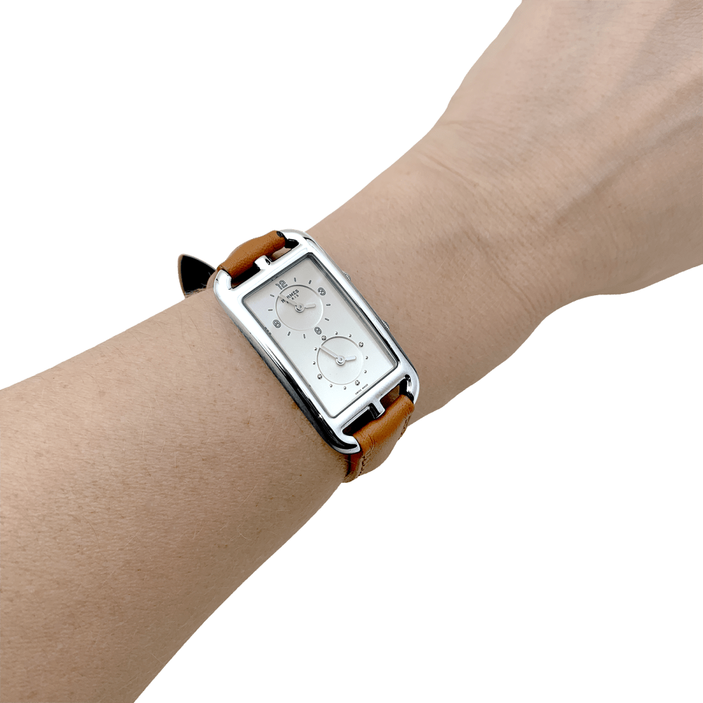 Montre Hermès, "Nantucket Dual Time", acier, cuir, diamants.  5