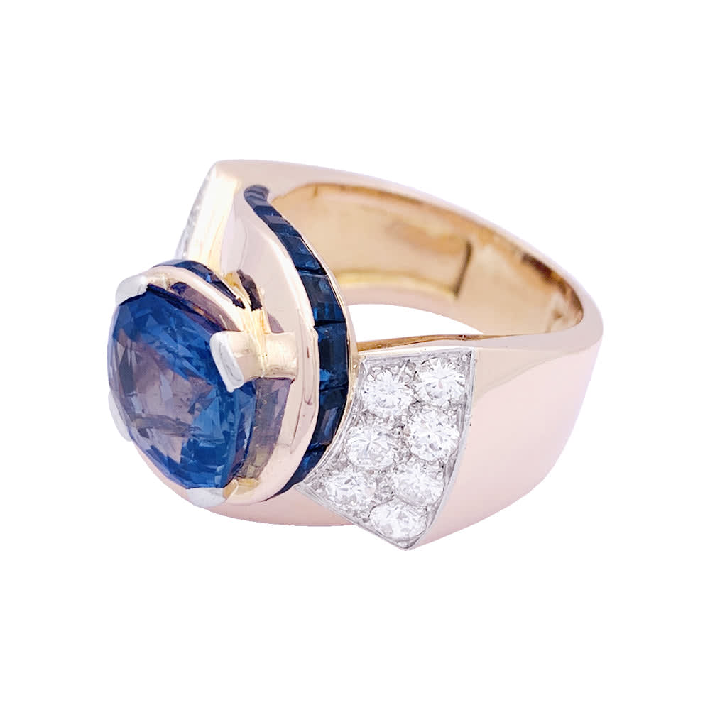 Bague Tank or rose, diamants, saphirs. 4
