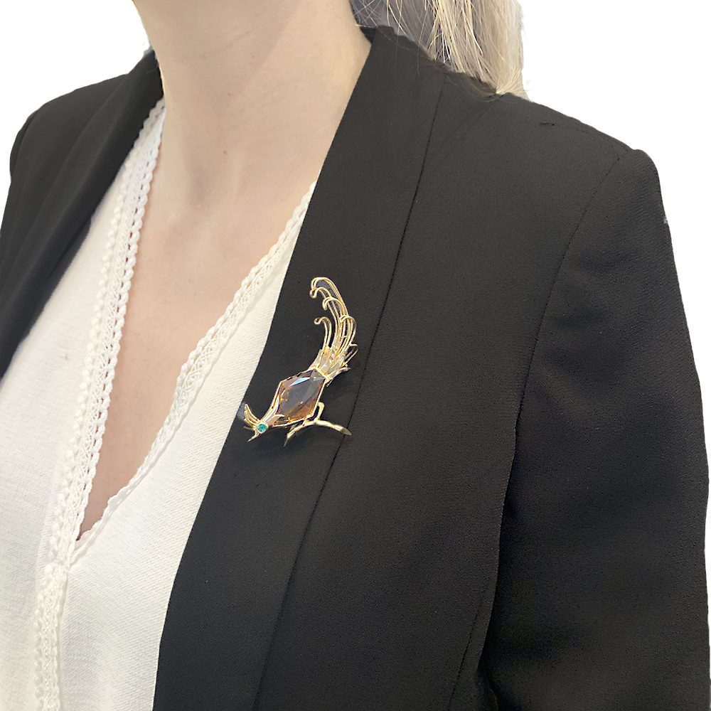 Broche vintage, "Oiseau de Paradis", or rose, citrine, émeraude. 6