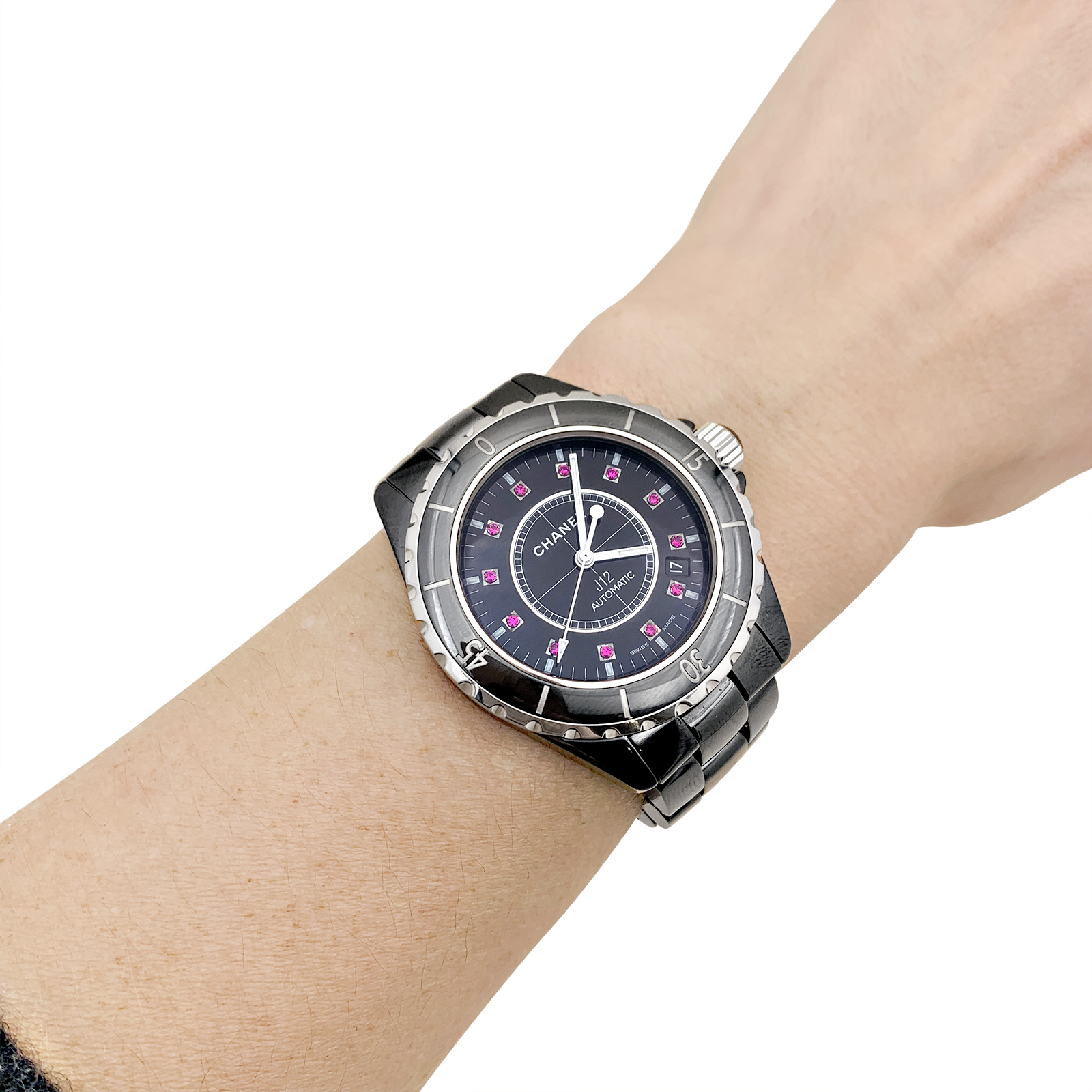 Montre Chanel, "J12", céramique noire, rubis, acier. 6