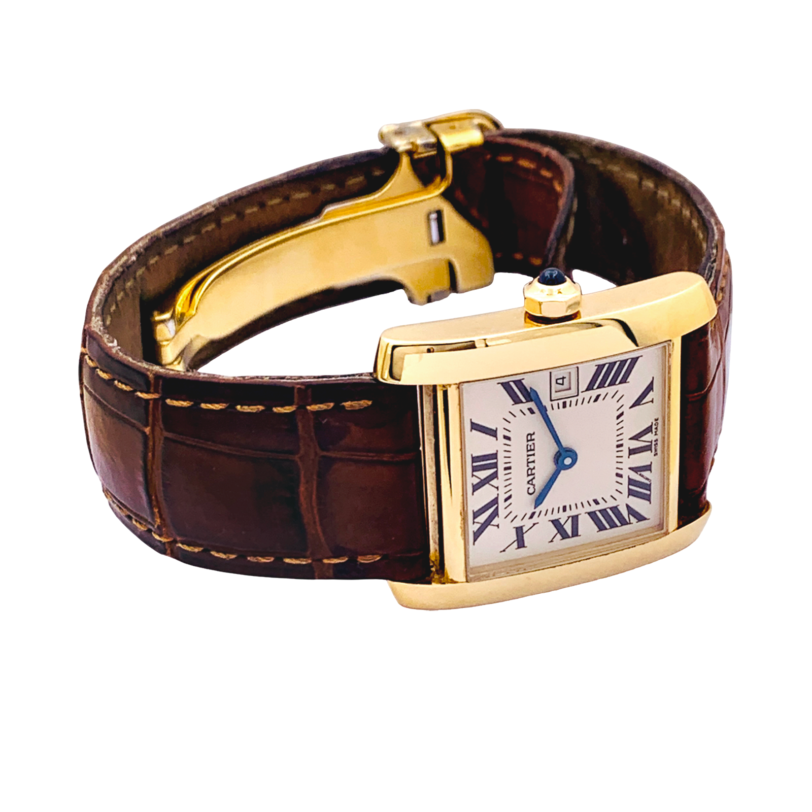 Montre Cartier, "Tank Française", or jaune, cuir. 3
