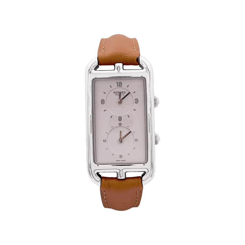 Montre Hermès, "Nantucket Dual Time", acier, cuir, diamants.  1