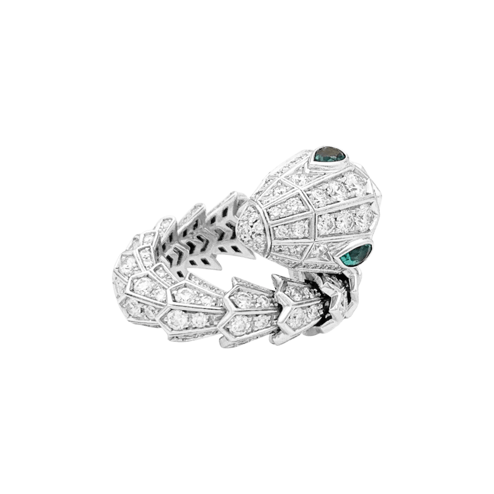 Bague BULGARI "Serpenti", en or blanc, diamants et émeraudes. 5
