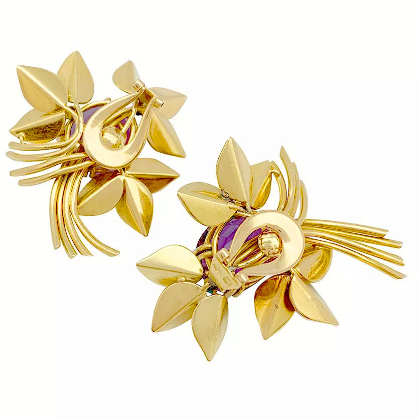 Boucles d'oreilles vintages, or jaune, améthystes, turquoises. 6